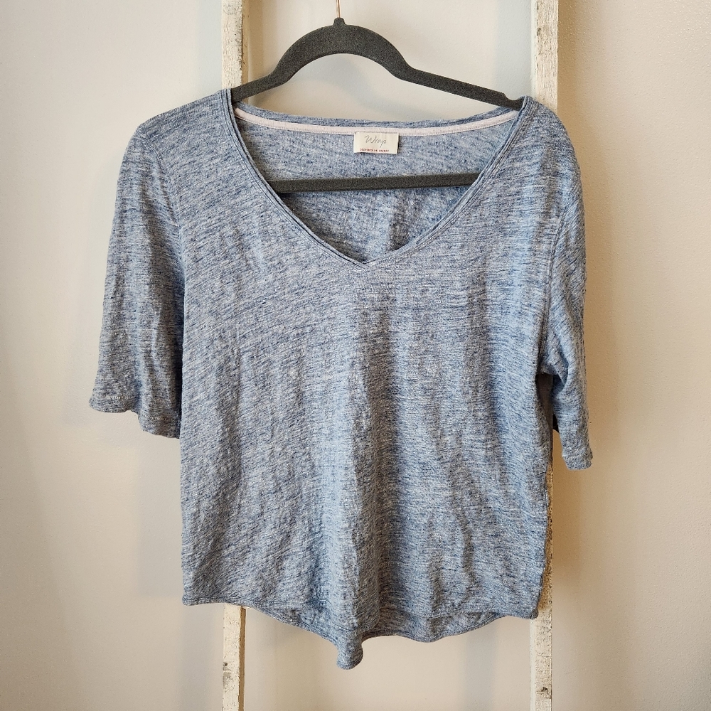 WRAP of London size 12 heathered blue v-neck short sleeve 100% Linen top